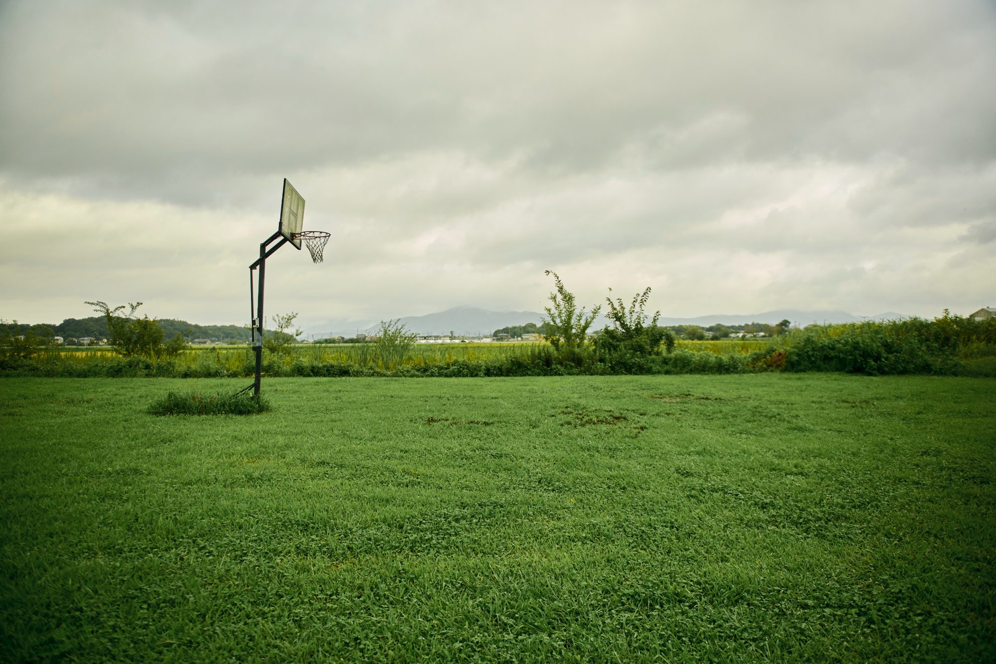 A bright green field with a lone pole and clouds overhead