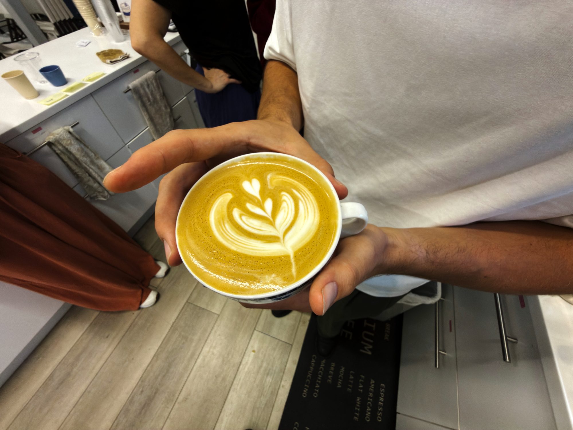 Hands holding a latte with a leaf poured into the foam