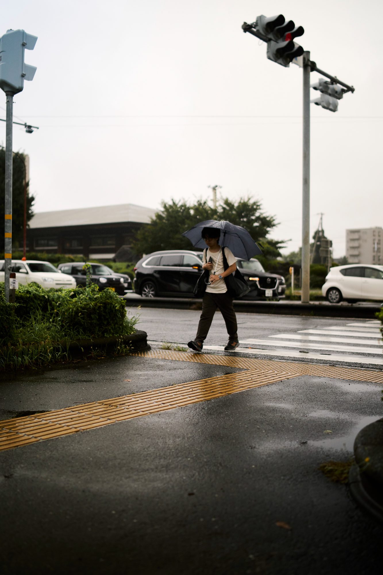 A pedestrian with an umbrella at a rainy crosswalk