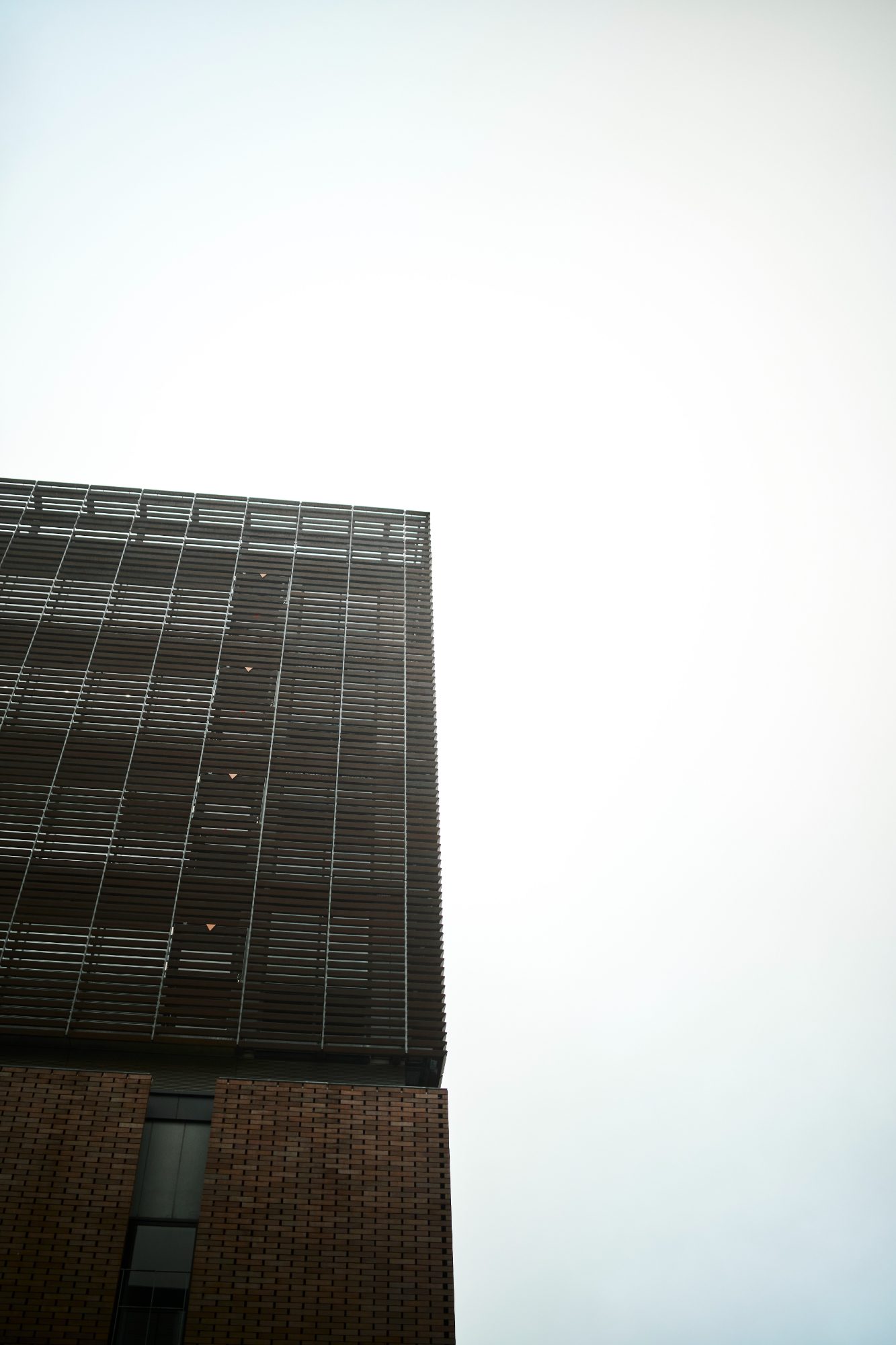 The corner of a dark brick building against a pale sky