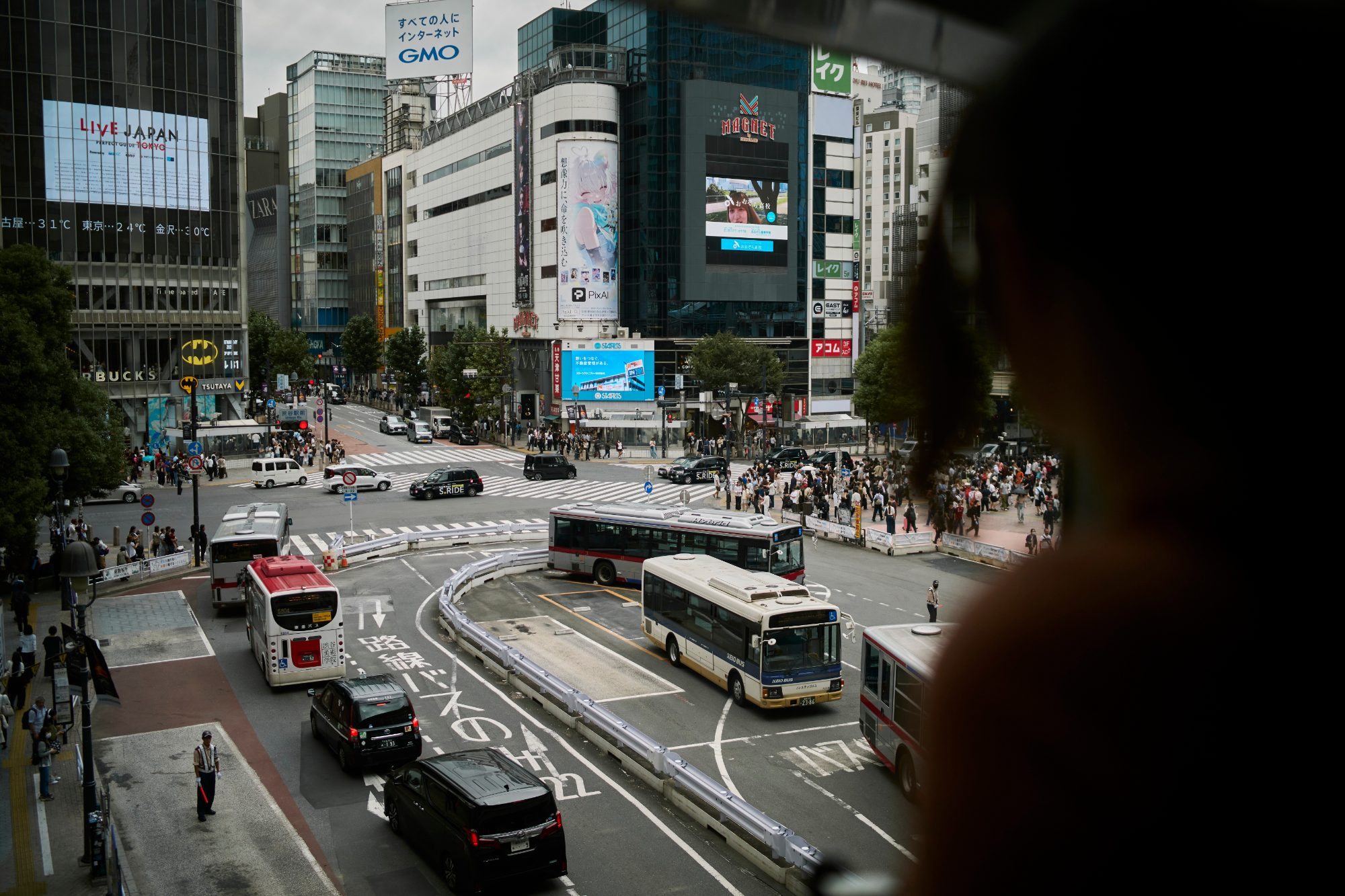 The crossing seen past a shoulder at the window