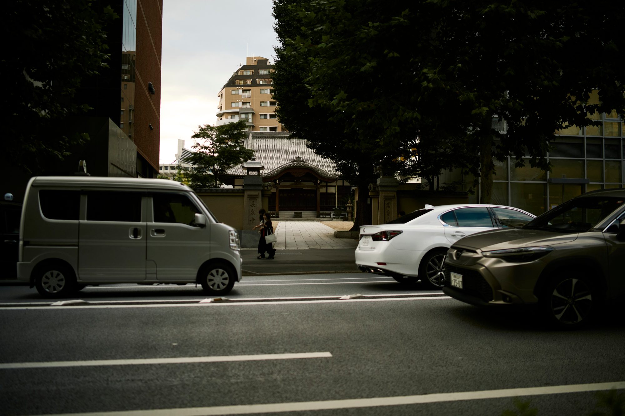 A white van and cars waiting at a wide crosswalk