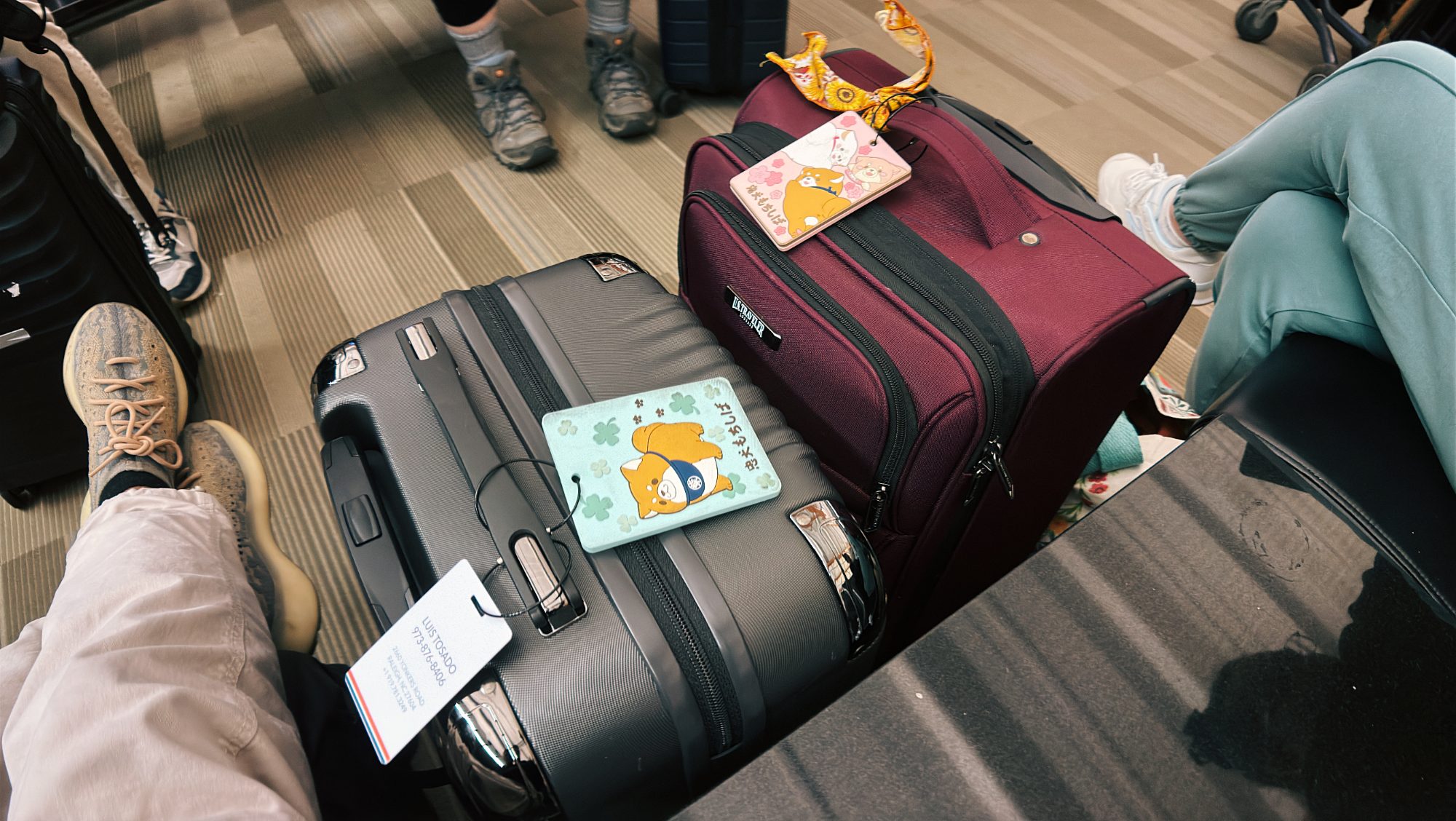 Two suitcases with shiba-dog luggage tags on an airport floor