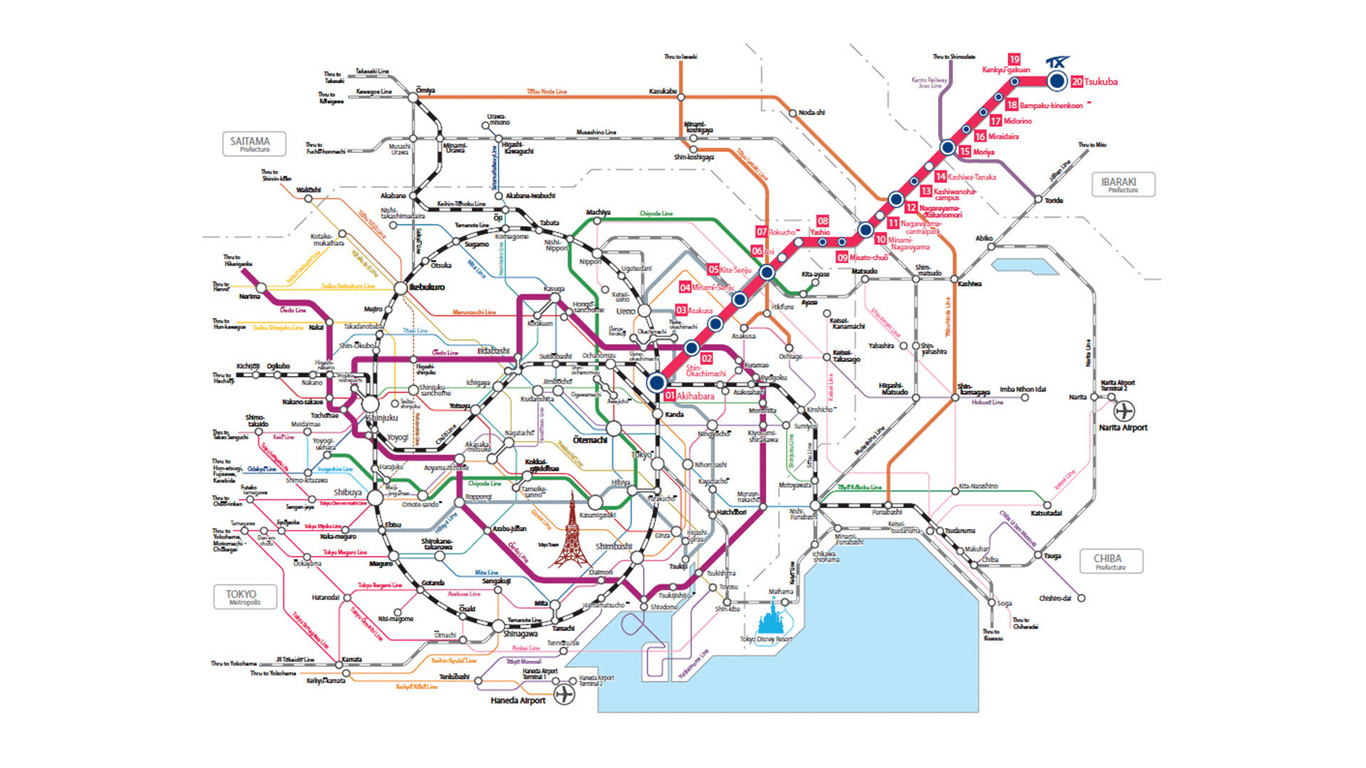 Tokyo-area train map with the Tsukuba Express line highlighted in pink, running from Akihabara north to Tsukuba